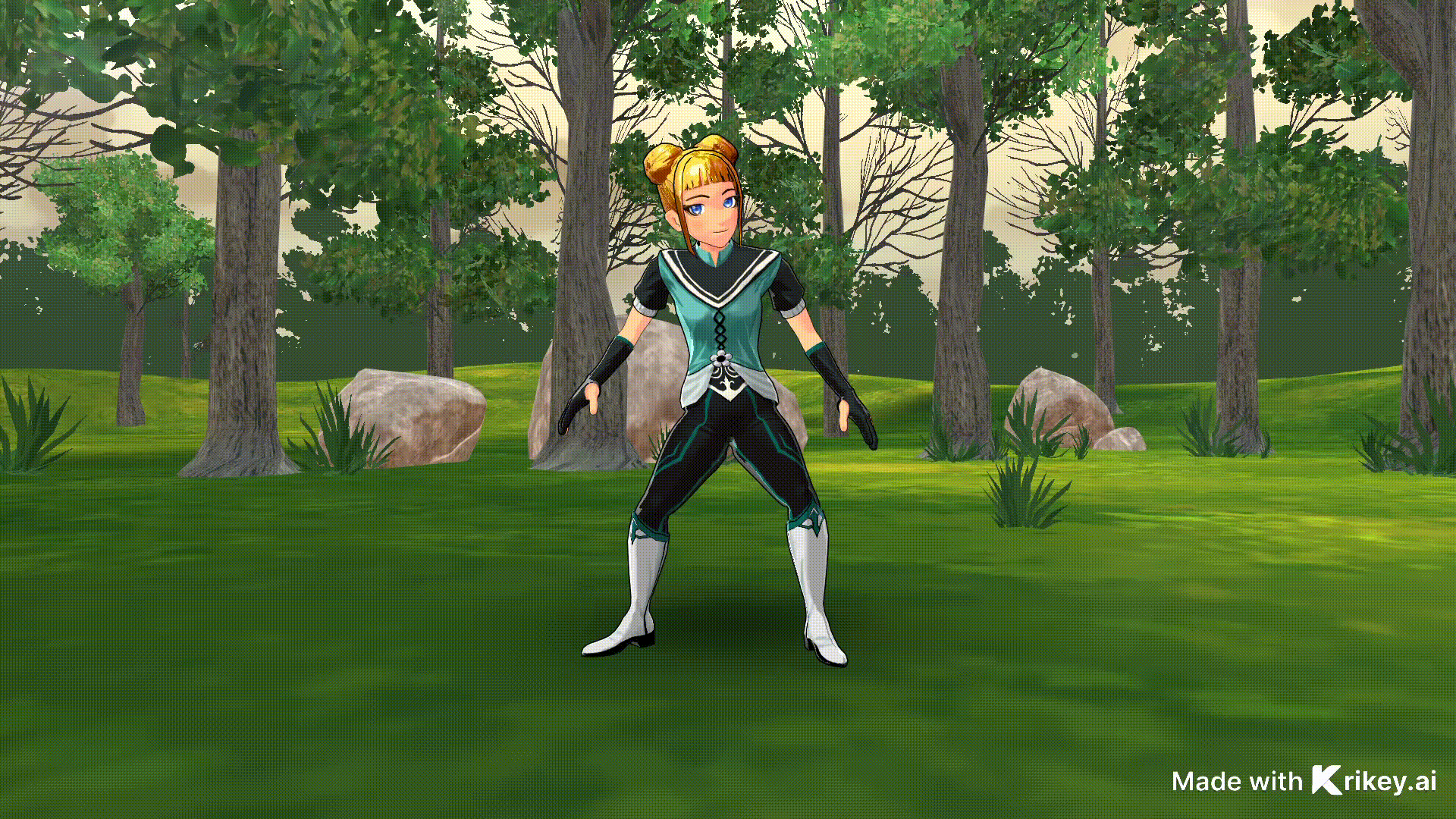 Animated anime character in forest kicking in a gif created with the 3D Gifmaker