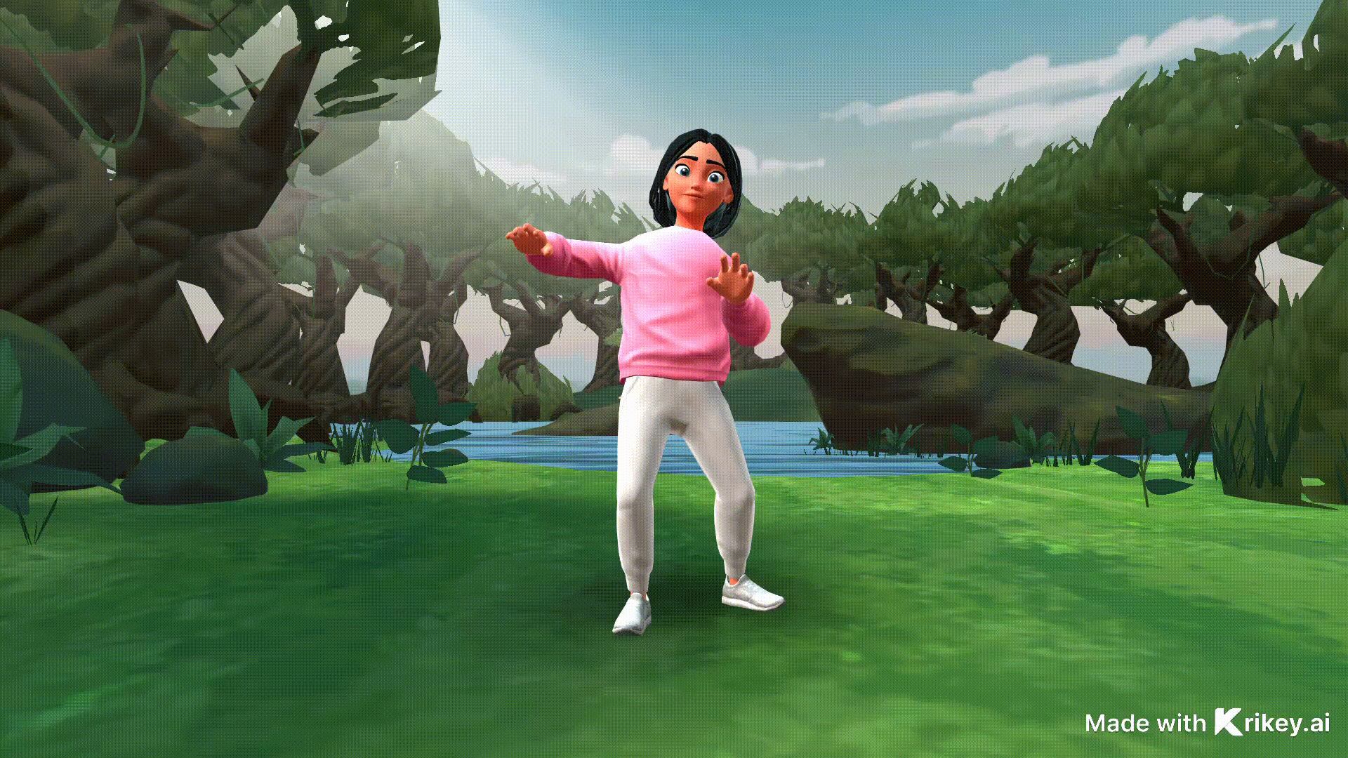 Animated character dances in forest background in a gif created with 3D Gifmaker