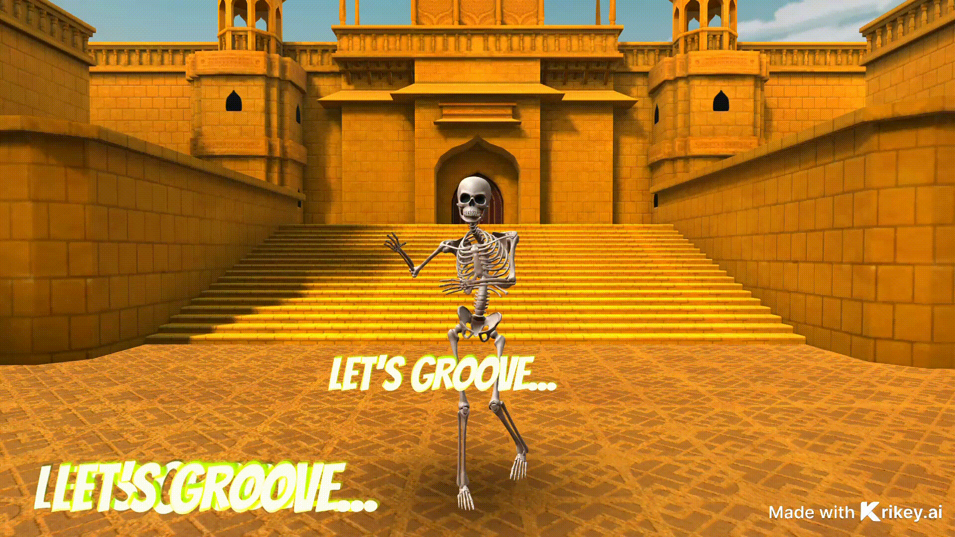 Animated skeleton dances in front of palace steps in a gif created with the 3D Gifmaker