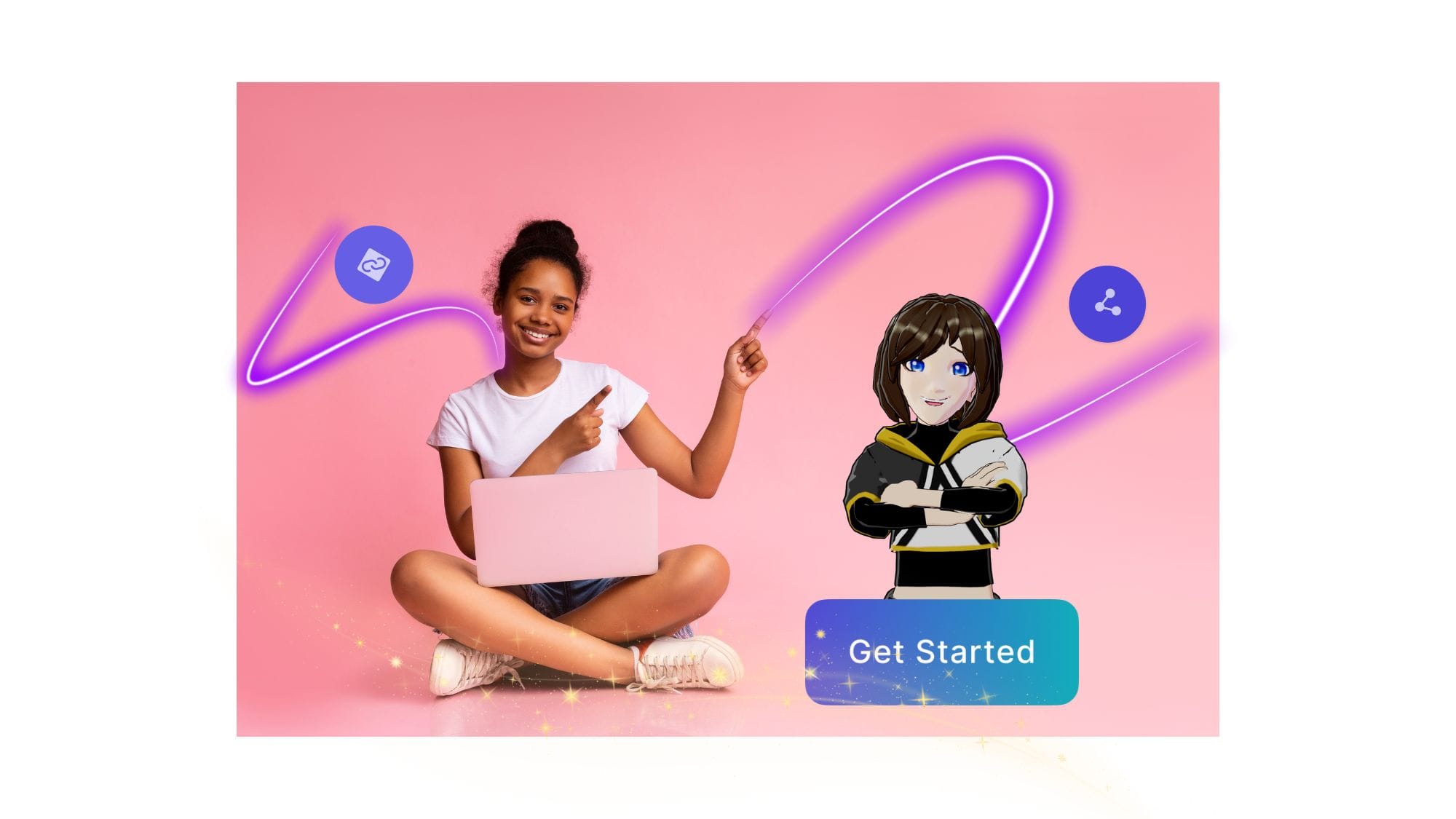 Anime character from Krikey AI shown with kid on laptop doing AI Kids animation