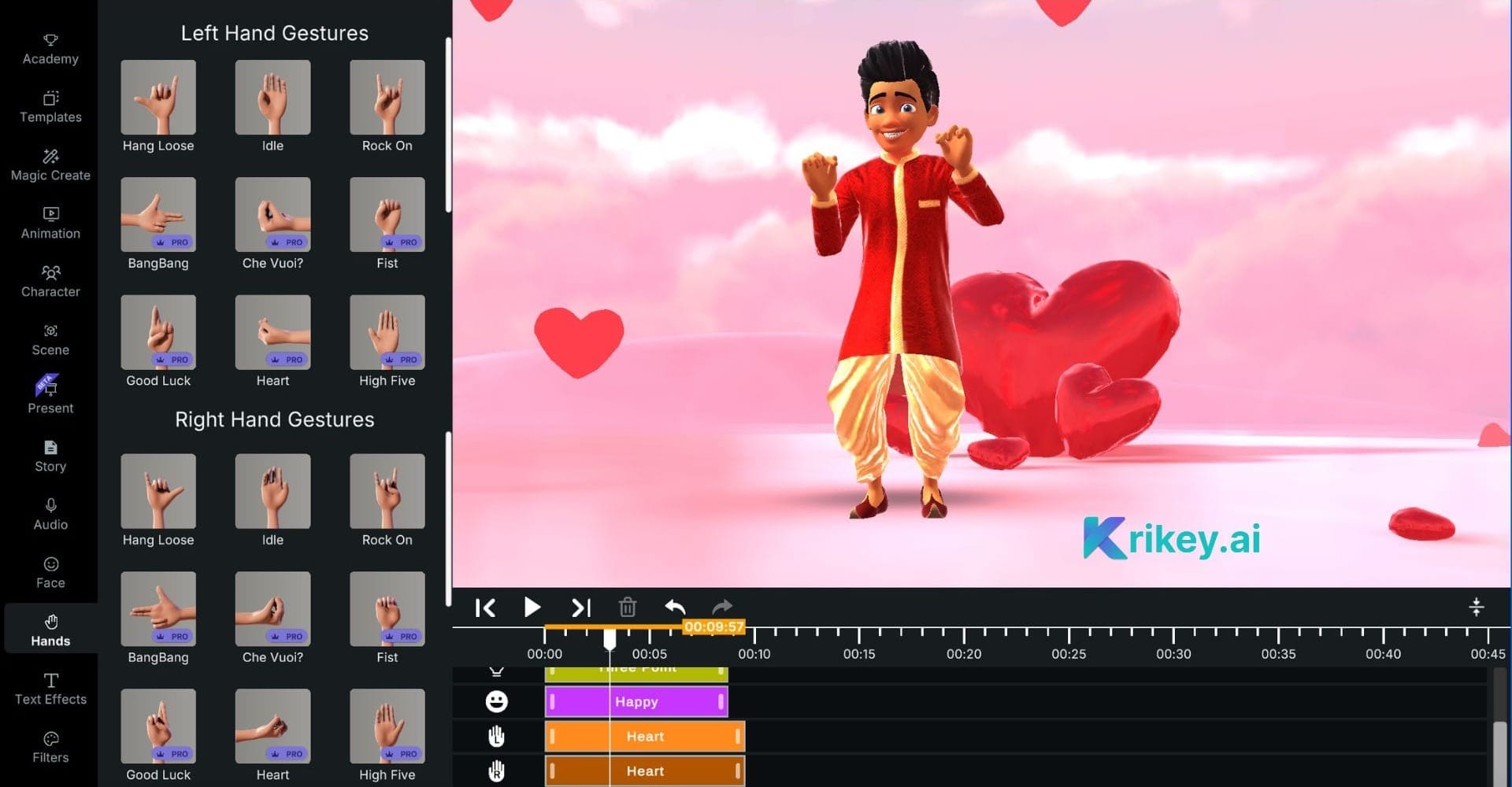 Animated character standing in animated hearts scene with korean finger heart hands created with cartoon hand generator