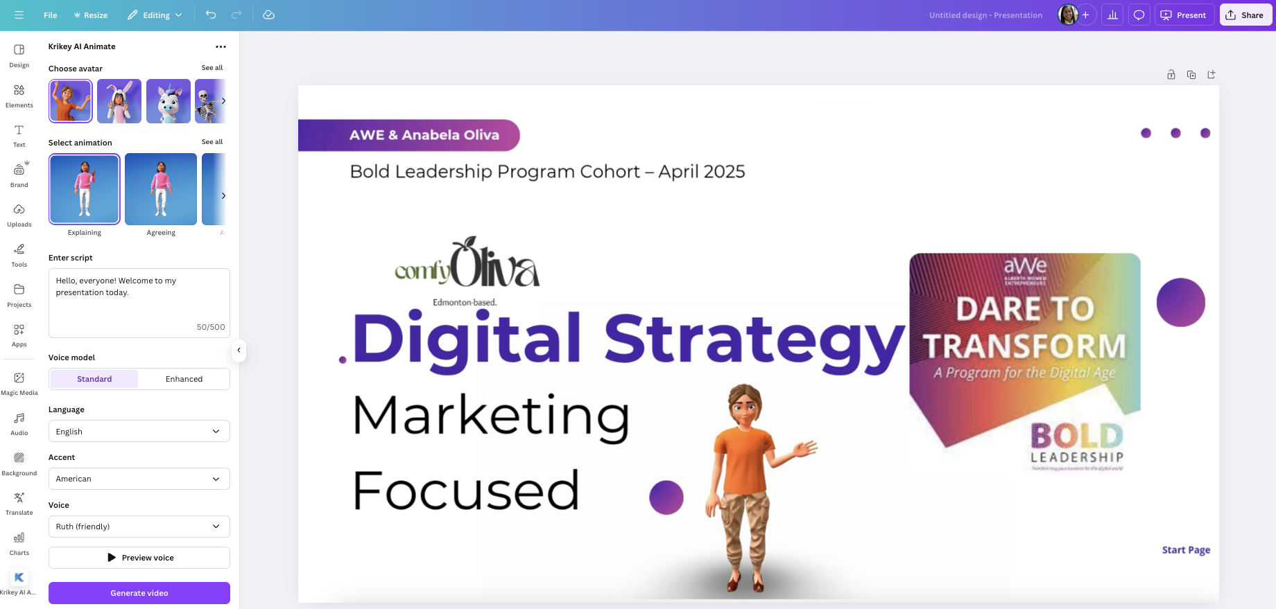 Canva app Krikey AI Animation in Canva slides small business pitch video